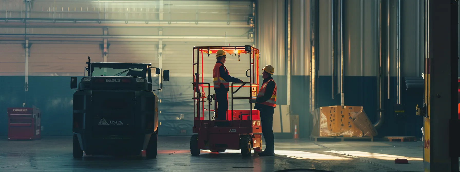 a worker diligently inspecting a man lift rental, focusing on weight capacity and safety hazards before operation.