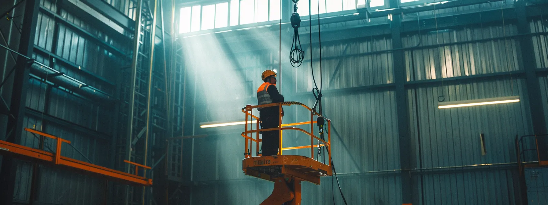 a certified operator undergoing intensive training on a man lift with a jib, surrounded by safety gear and instructional materials.