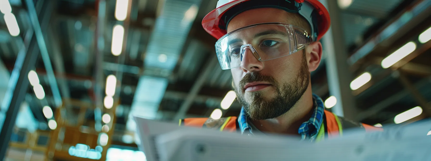 a construction professional studying a detailed safety regulation manual with a north carolina flag and a man lift in the background, highlighting the importance of state-specific laws and compliance.