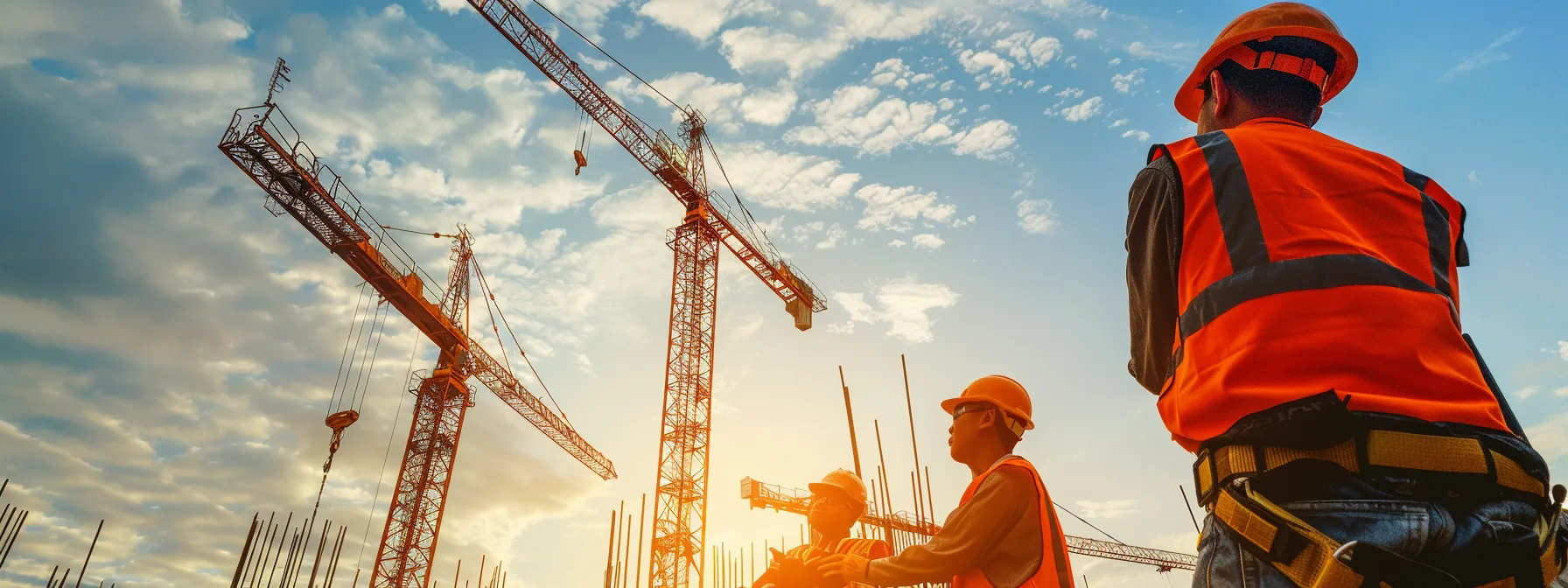 a confident man lift operator wearing a bright orange safety helmet, looking up at a tall construction site crane, surrounded by a diverse group of construction workers, networking and discussing career advancements.