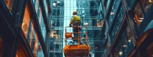 a worker high up on a cherry picker, navigating through a maze of construction beams in a bustling city environment.