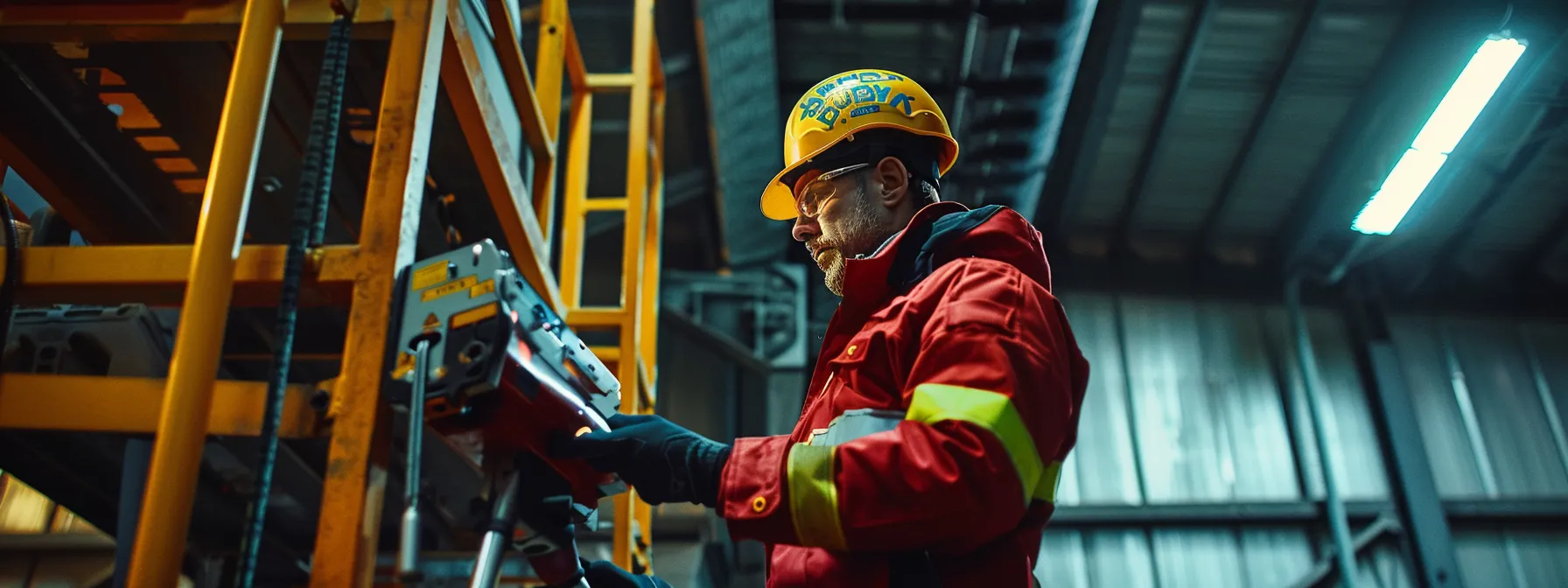 a man carefully inspecting and renewing his certification on a man lift, surrounded by safety equipment and regulatory paperwork.