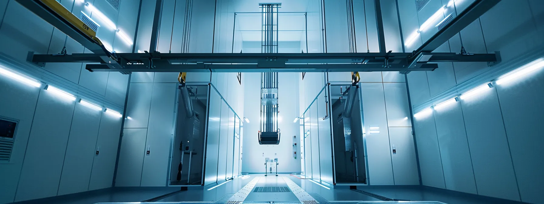 a modern man lift equipment undergoing emission testing in a clean, high-tech facility.