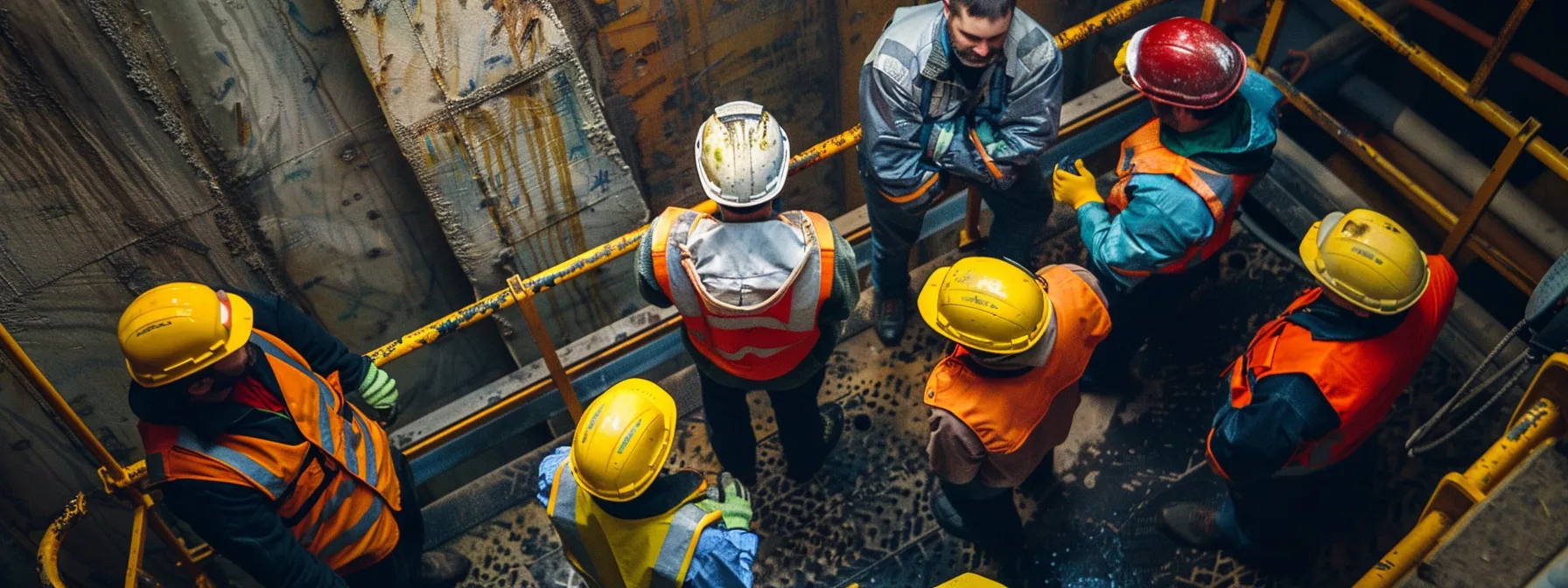 a group of construction professionals inspecting a well-maintained man lift, surrounded by safety equipment and receiving positive feedback from satisfied customers.