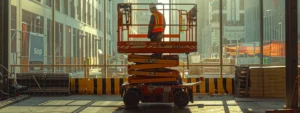 a man confidently operating a scissor lift at a construction site, surrounded by safety gear and caution signs.