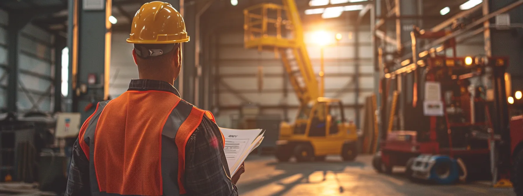 a mechanic meticulously inspecting a man lift rental with detailed records and maintenance plans in the background.