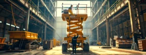 a man inspecting a sturdy, yellow scissor lift against a backdrop of construction equipment and materials.