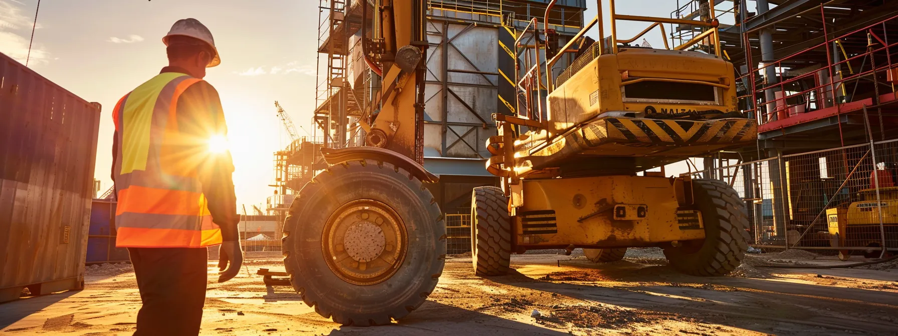 a construction worker meticulously inspecting a man lift, checking fluid levels, tires, and structural integrity, ensuring safety on the job site.