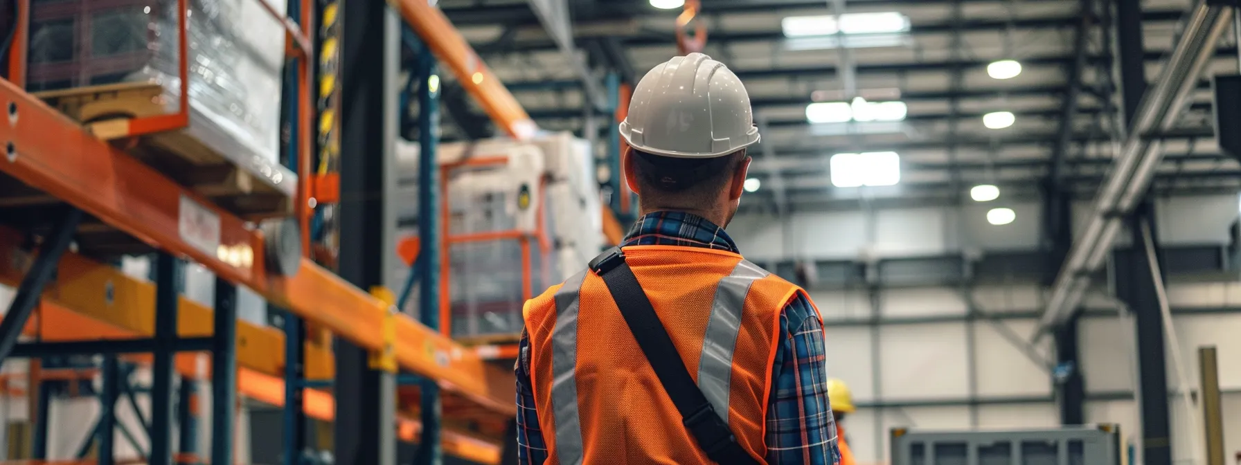 a construction worker inspecting a sturdy, well-maintained man lift at a safety-focused rental company.