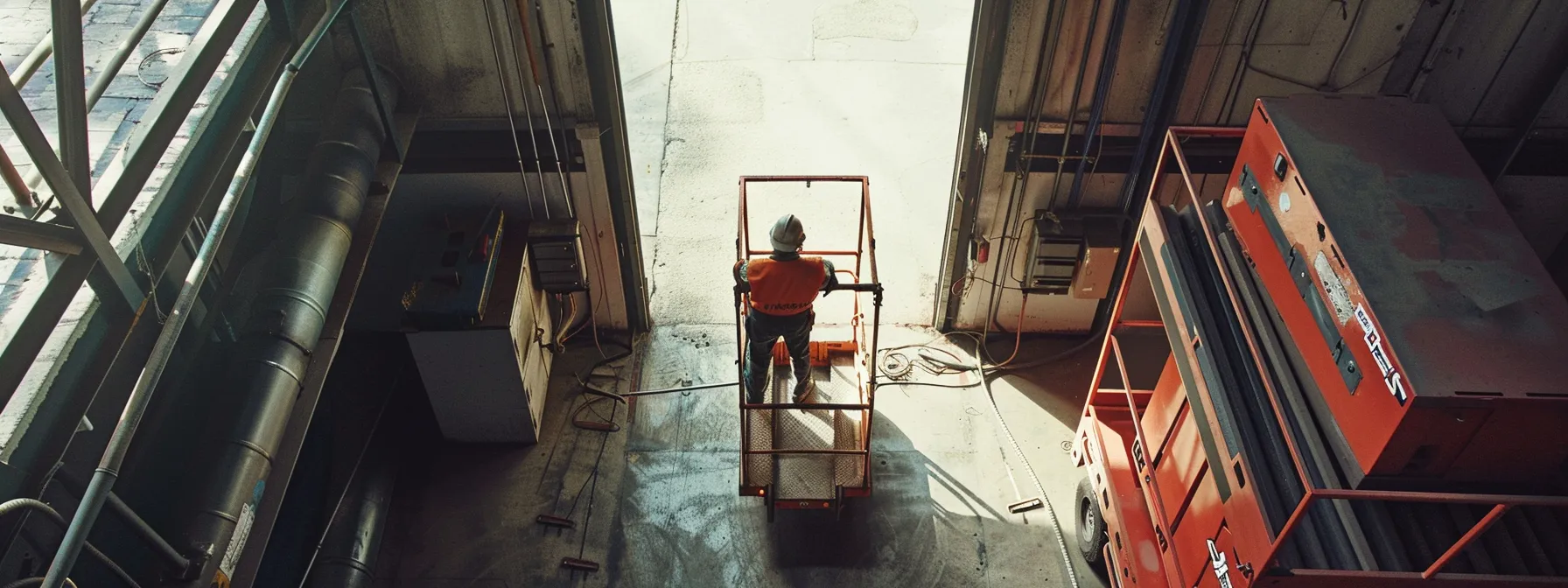 a rental operator inspecting a man lift for potential environmental hazards, surrounded by spill response tools and certification documents.