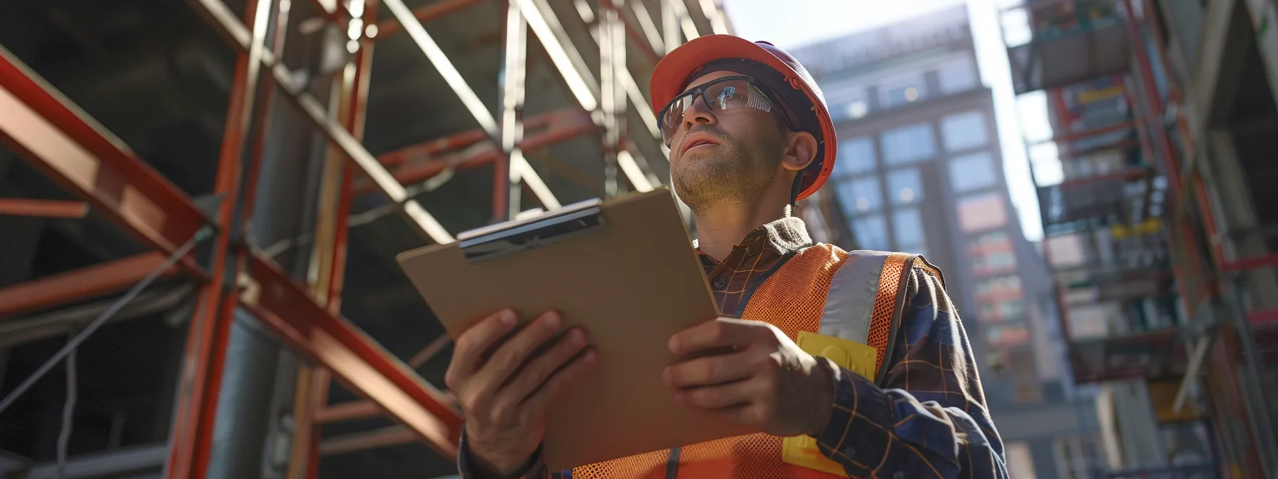 a construction worker holding a clipboard filled with legal documents while inspecting a man lift machine at a job site.