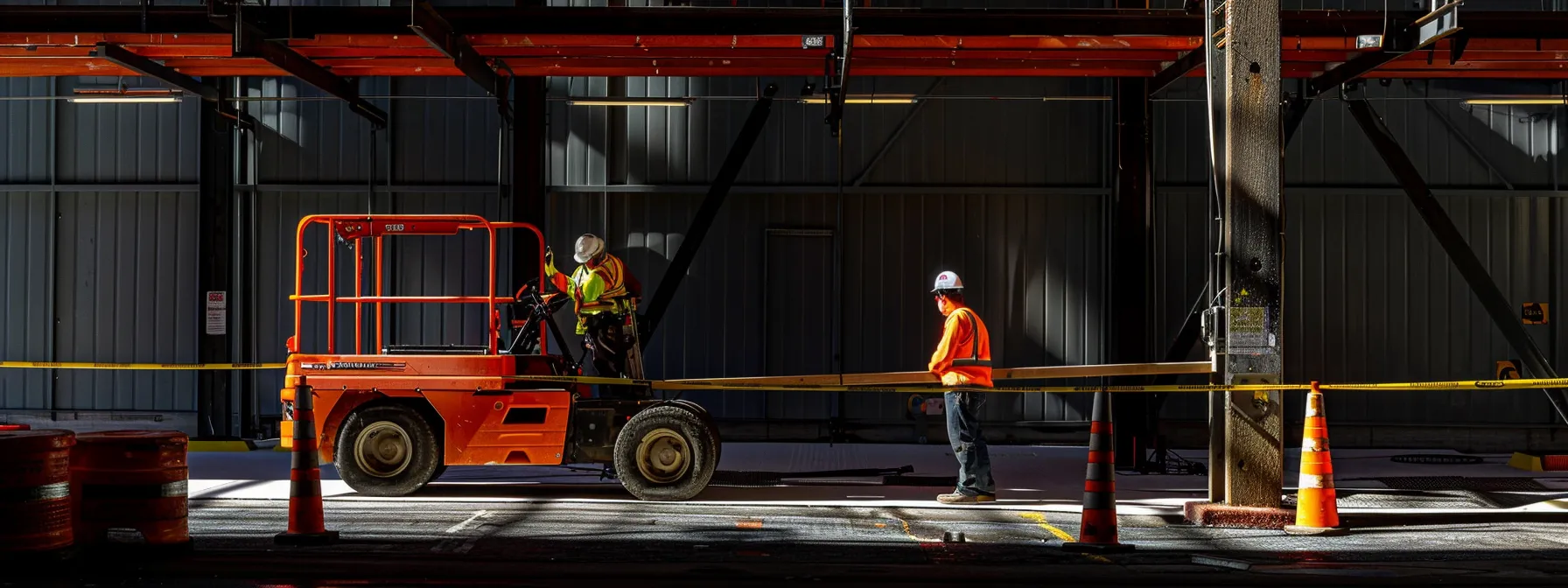 a construction worker carefully inspecting a man lift, surrounded by safety cones and equipment manuals to ensure compliance with state-specific rental laws.