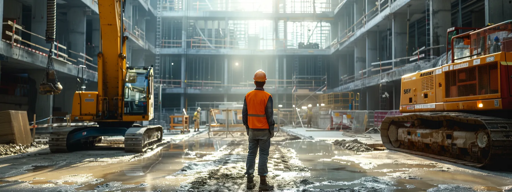 a man lift operator standing confidently in a construction site, surrounded by towering equipment and ensuring safety measures are in place.