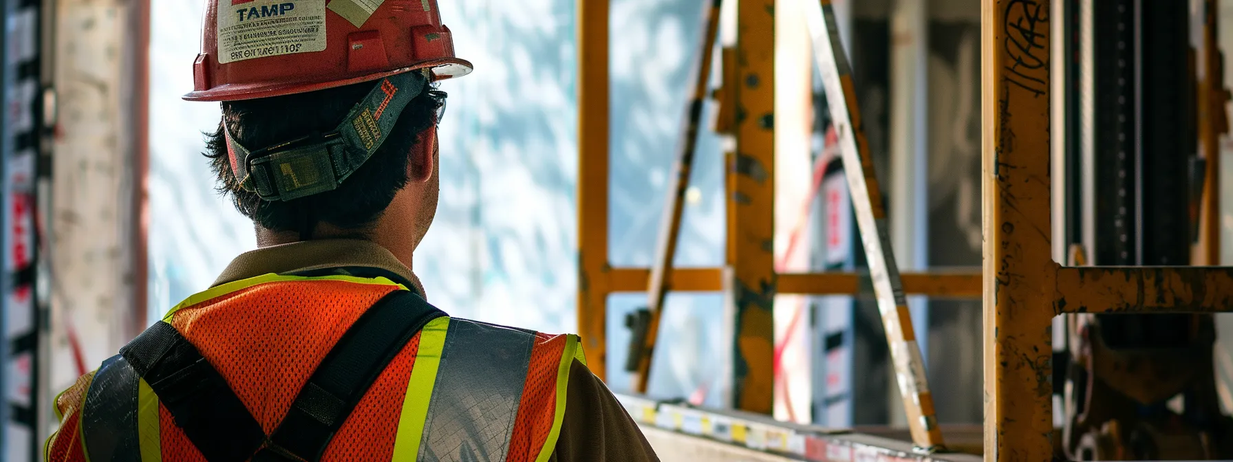 a construction worker carefully inspecting a man lift for compliance with federal safety standards, with osha and ansi guidelines printed in bold letters on a nearby sign.