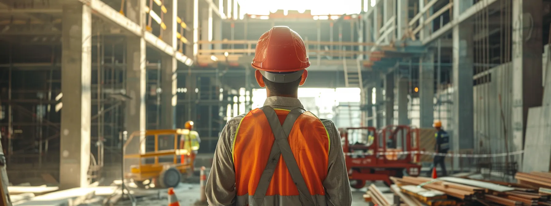 a man lift operator wearing a hard hat undergoes training to meet legal certification surrounded by safety signs and equipment at a construction site.