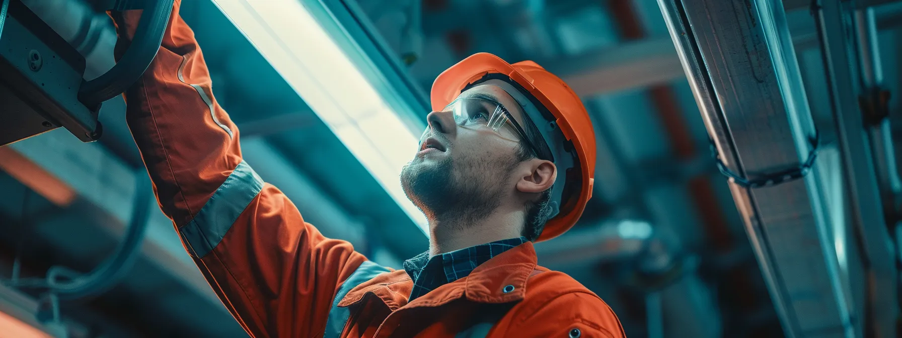 a technician examining a man lift closely, inspecting for hydraulic leaks, electrical malfunctions, mechanical wear, and safety device issues to ensure safety compliance and equipment reliability.