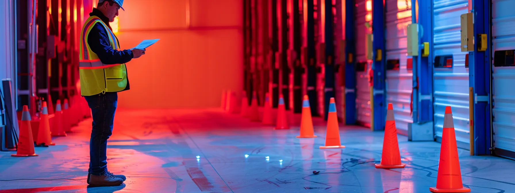 a man lift operator, dressed in a high visibility vest, carefully inspecting equipment with a checklist in hand, surrounded by safety cones and hazard signs.