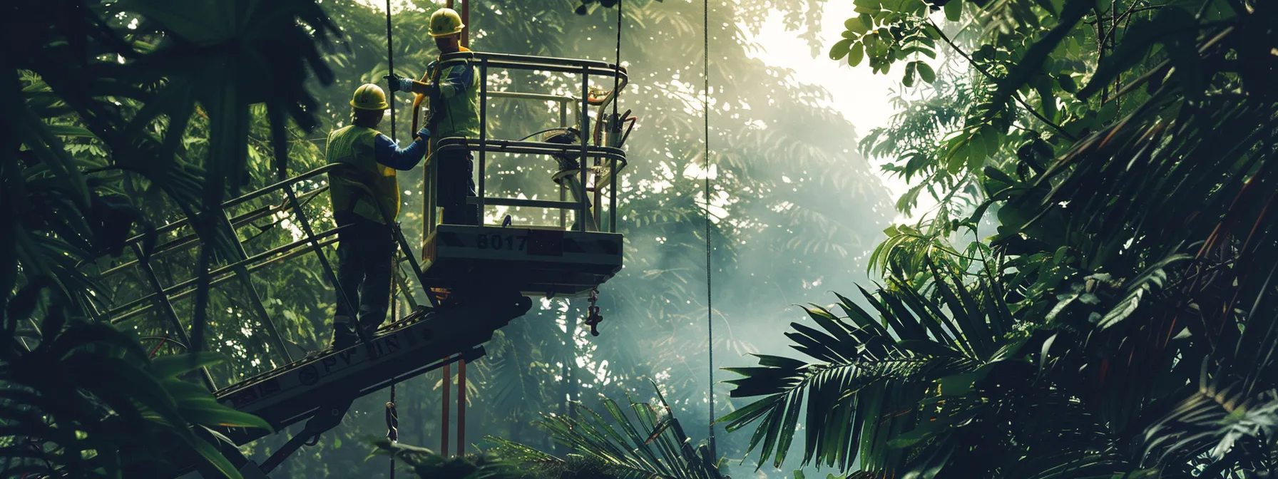 a man carefully inspecting a hybrid-powered man lift surrounded by lush, preserved trees in a construction site.