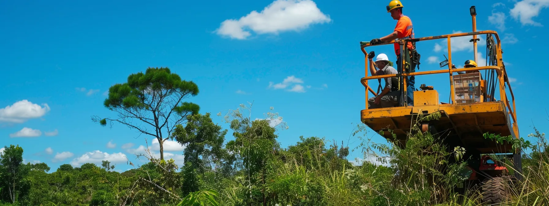 a man lift rental operation with workers carefully inspecting equipment for environmental compliance, surrounded by lush greenery and clear blue skies.