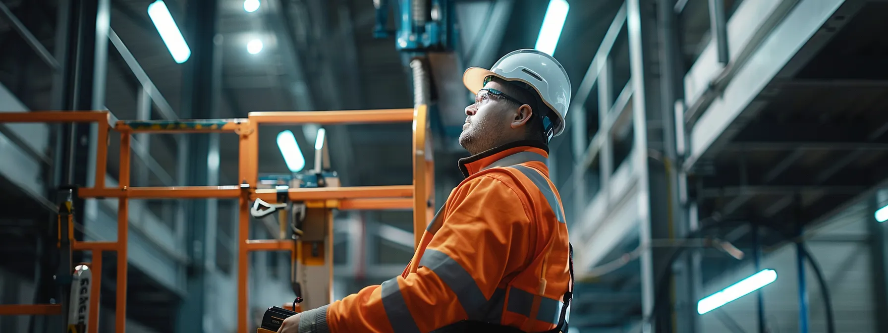 a worker receiving comprehensive operator training on a man lift from a reputable provider, surrounded by safety protocols and accessibility features, ensuring compliance with rental laws and regulations.