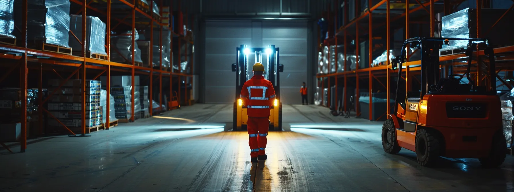 a worker conducting a thorough man lift inspection, shining a flashlight on the wheels and checking the forklift controls for safety compliance.