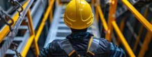 a construction worker wearing a bright yellow hard hat carefully inspecting the safety harness of a man lift before operation.