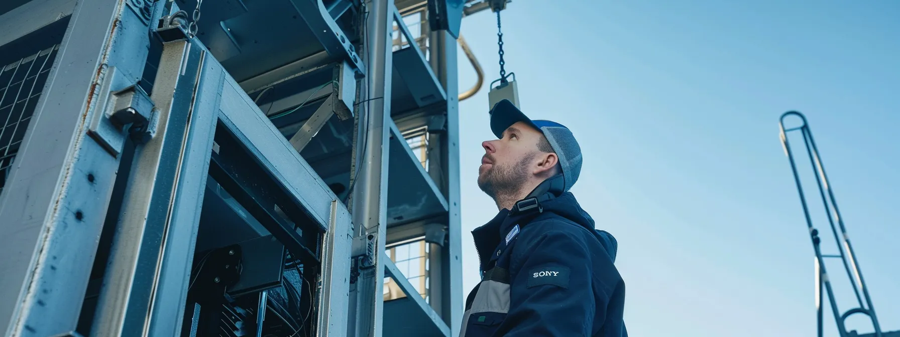 a man carefully inspecting the safety features and emergency systems of a man lift against a backdrop of a clear blue sky.