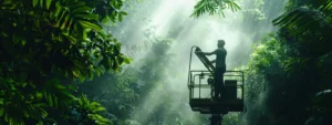 a man operating a large, electric-powered man lift in a lush, green forest clearing.