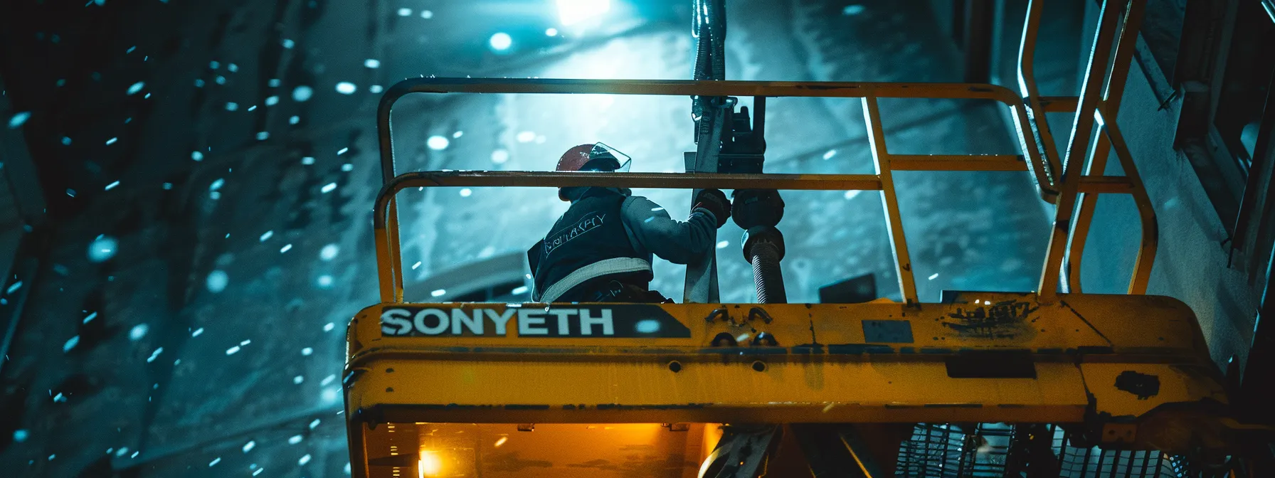 a man confidently operating an aerial work platform high above the ground, showcasing proper safety measures and skills required for certification.