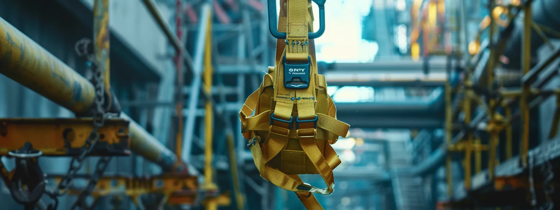 a bright yellow safety harness accessory, with strong stitching and durable metal buckles, hanging from a metal hook against a backdrop of a construction site.