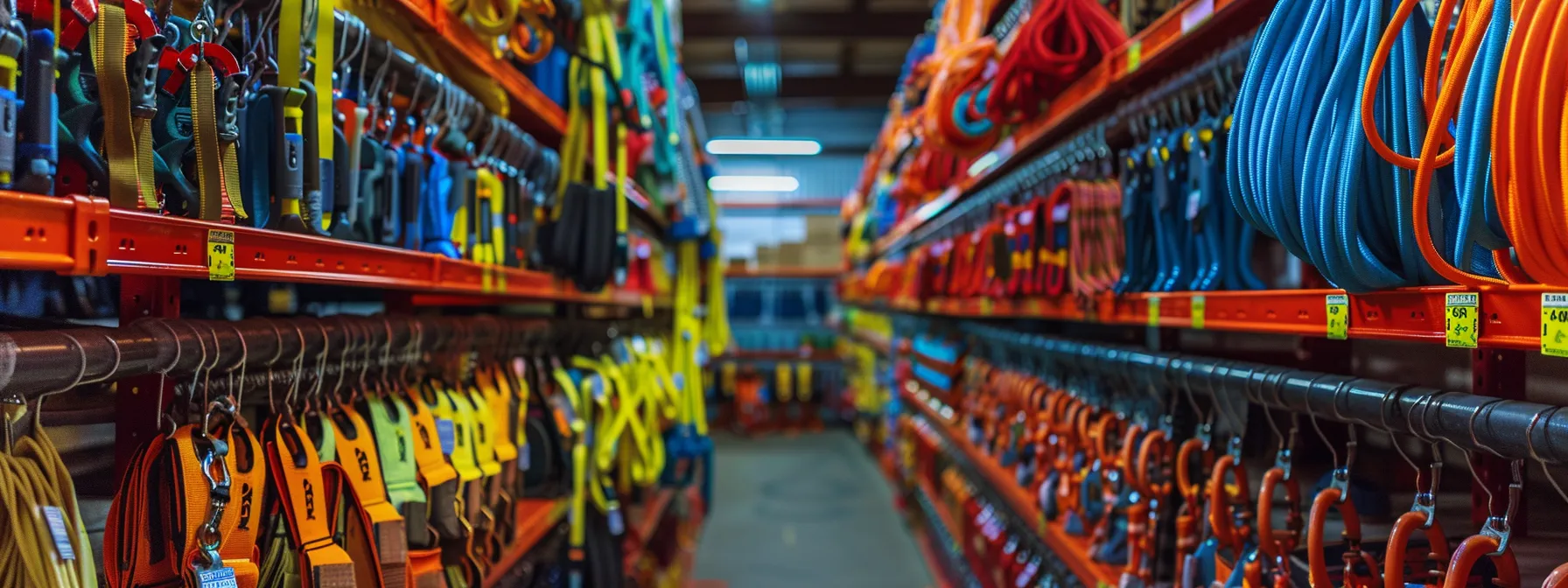 a brightly lit hardware store aisle displaying a variety of safety harness accessories, from lanyards to carabiners, arranged neatly on shelves for buyers to compare and select the best option for their needs.