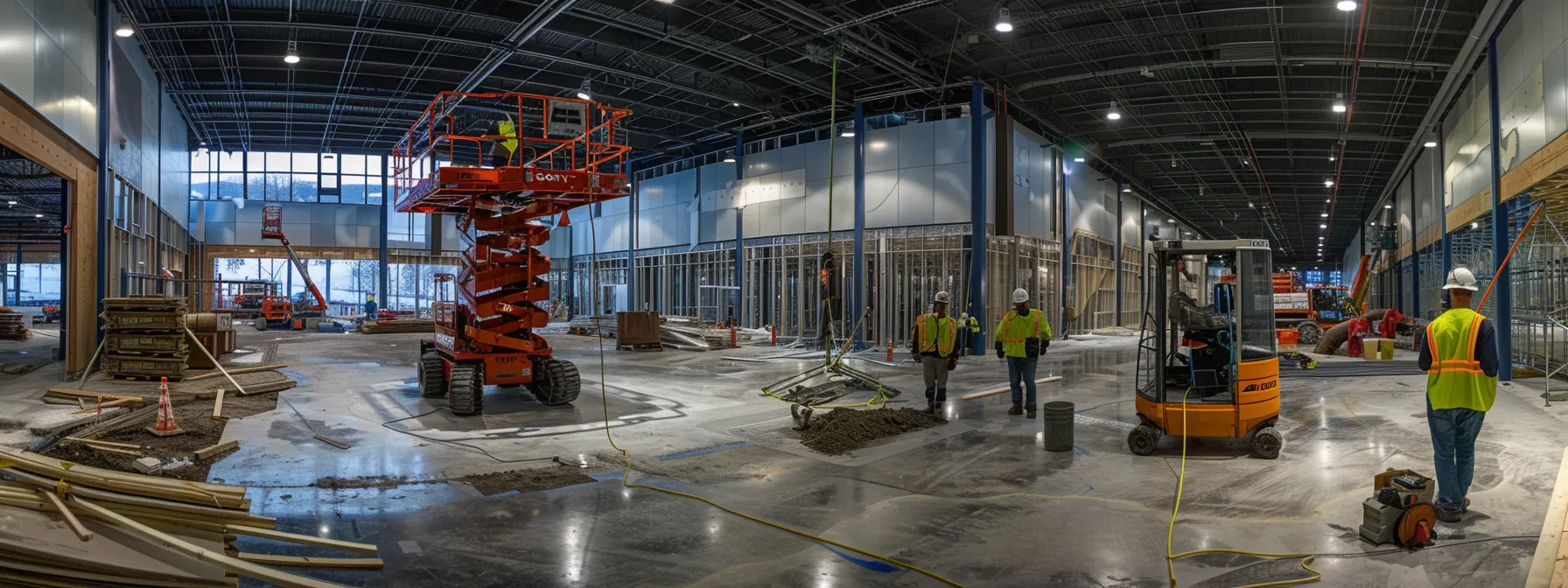 a bustling construction site with workers operating sturdy man lifts from a reputable rental company, ensuring efficient scheduling and adherence to safety regulations.