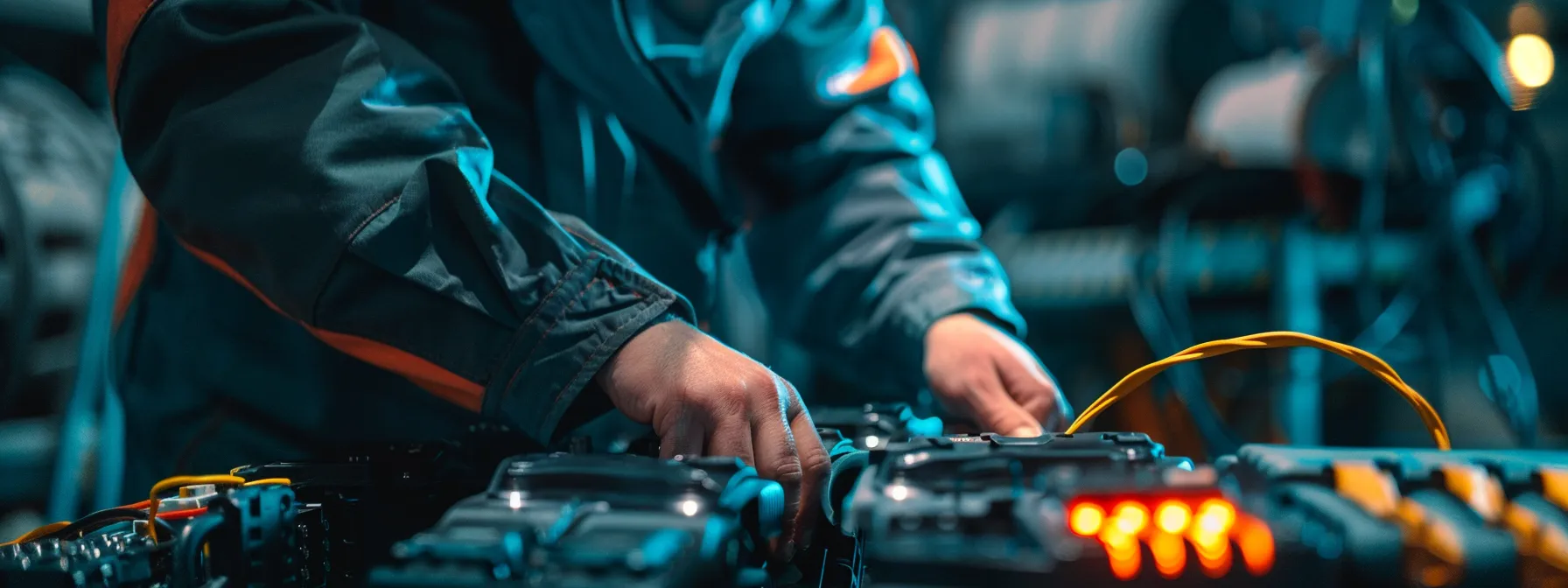 a close-up shot of a durable, high-quality battery charging accessory being inspected for compatibility with a man lift.