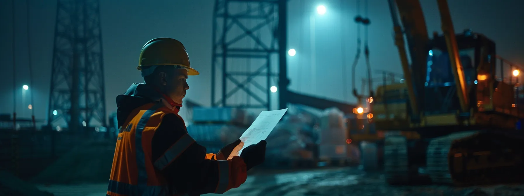 Exploring After-Hours Delivery Options for Man Lift Rentals 6 a construction manager reviewing paperwork under the glow of a streetlight, surrounded by towering man lift equipment awaiting delivery after hours.