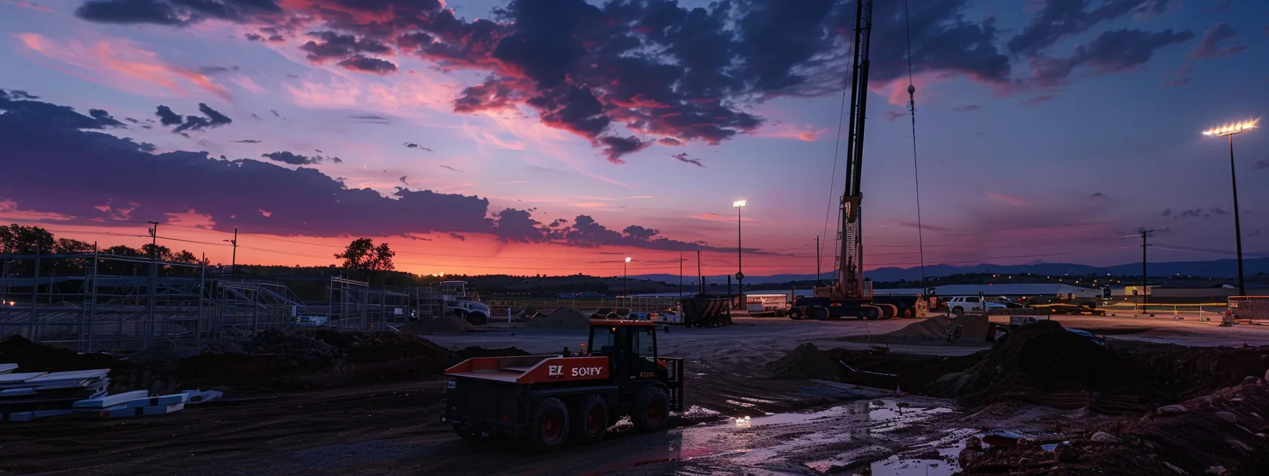 Exploring After-Hours Delivery Options for Man Lift Rentals 2 a construction site at dusk, with a man lift being delivered, highlighting the convenience and efficiency of after-hours equipment delivery.