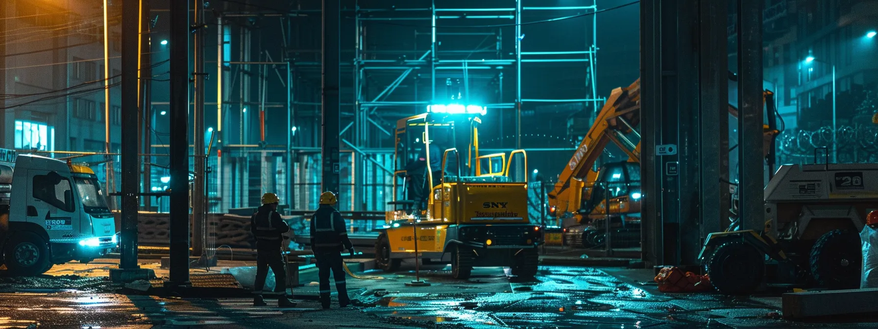 Exploring After-Hours Delivery Options for Man Lift Rentals 4 a construction site glowing at night with a man lift being delivered under the watchful eye of on-site security.