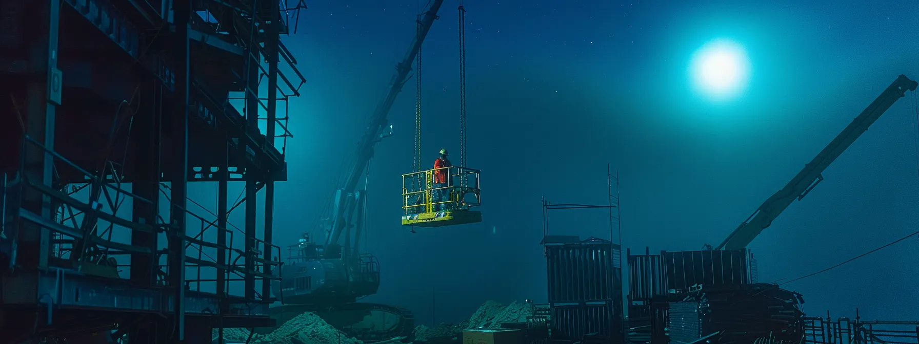 Exploring After-Hours Delivery Options for Man Lift Rentals 3 a construction site glowing under the moonlight as a man lift is delivered after hours by a rental provider.