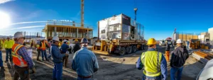 a construction site with a large man lift being loaded onto a truck for pickup, surrounded by workers in hard hats and safety gear.