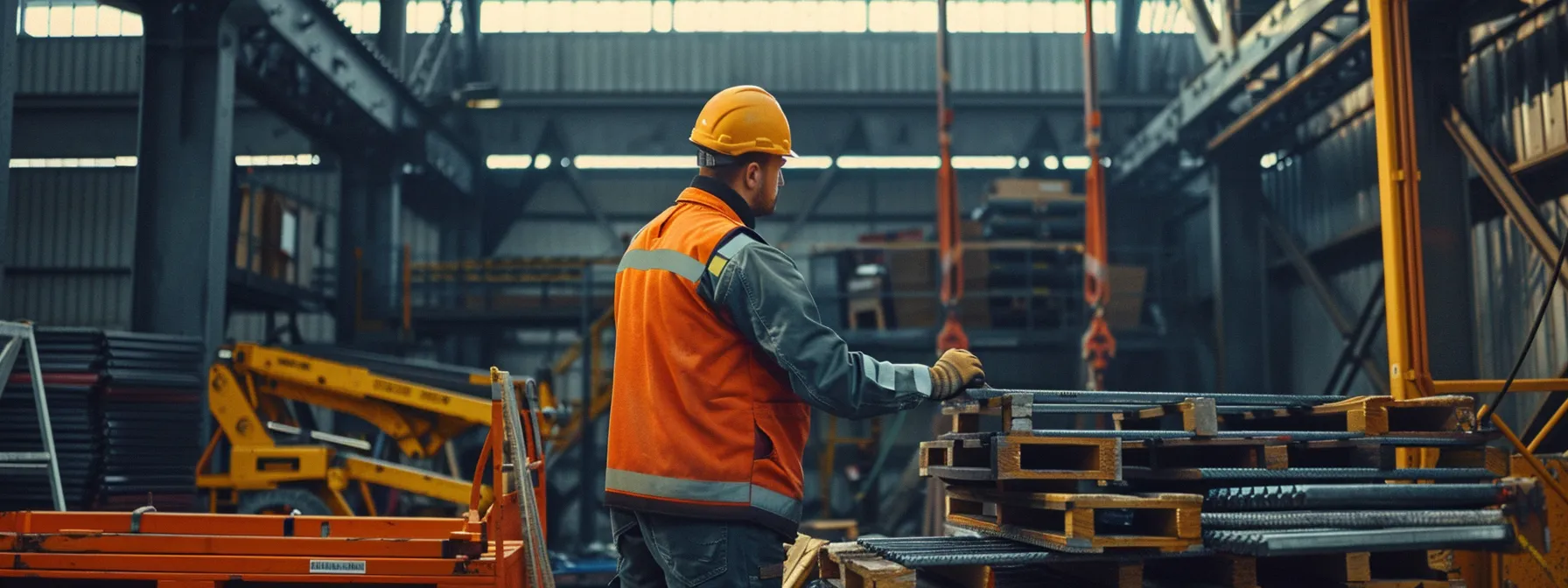 a construction worker carefully choosing the perfect hydraulic man lift attachment, surrounded by a variety of compatible options with different load capacities, quality levels, and cost considerations.