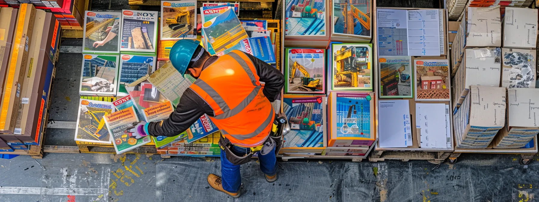 a construction worker carefully choosing between different pickup options for man lift rentals, surrounded by colorful brochures and safety equipment.