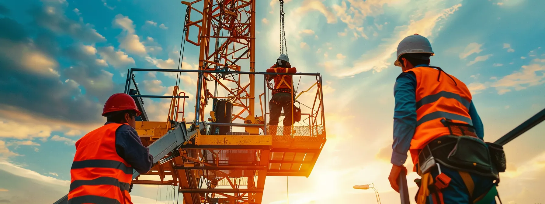 a construction worker carefully inspecting a well-maintained man lift, while another worker undergoes training on its operation, with a representative from innovative reach standing by for assistance.