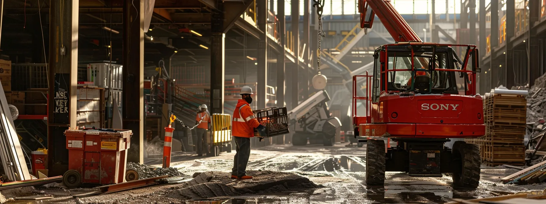 a construction worker coordinating the pickup of a man lift rental amidst a cluttered construction site, ensuring timely and efficient removal of materials.