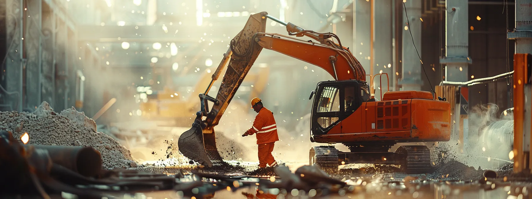 a construction worker effortlessly maneuvering a cutting-edge material handling attachment on a job site, showcasing enhanced efficiency and productivity.