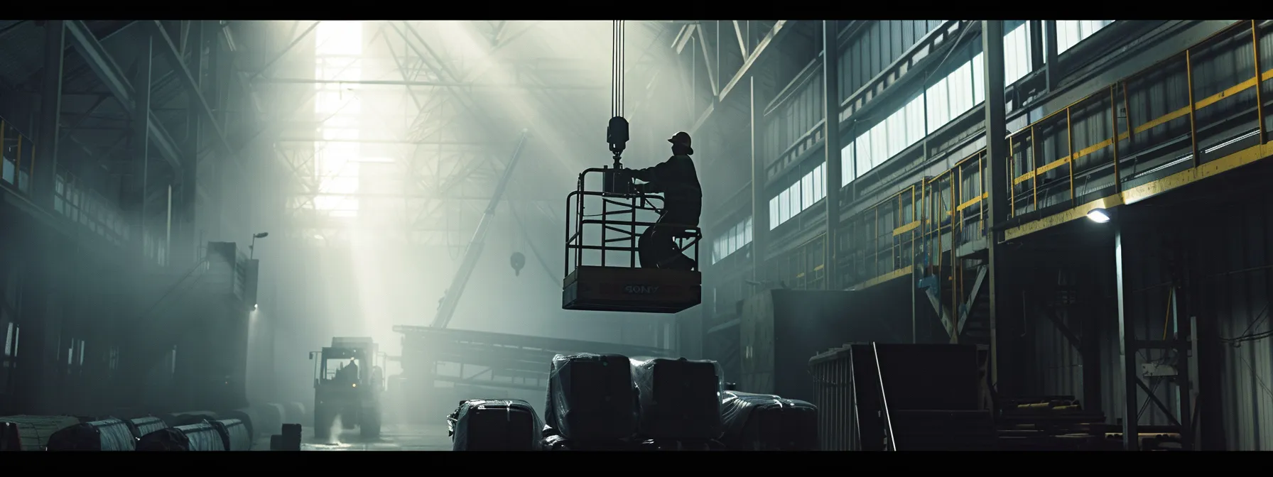 a construction worker effortlessly lifting heavy materials with an advanced material handling attachment on a man lift, showcasing the efficiency and productivity gains in industrial operations.