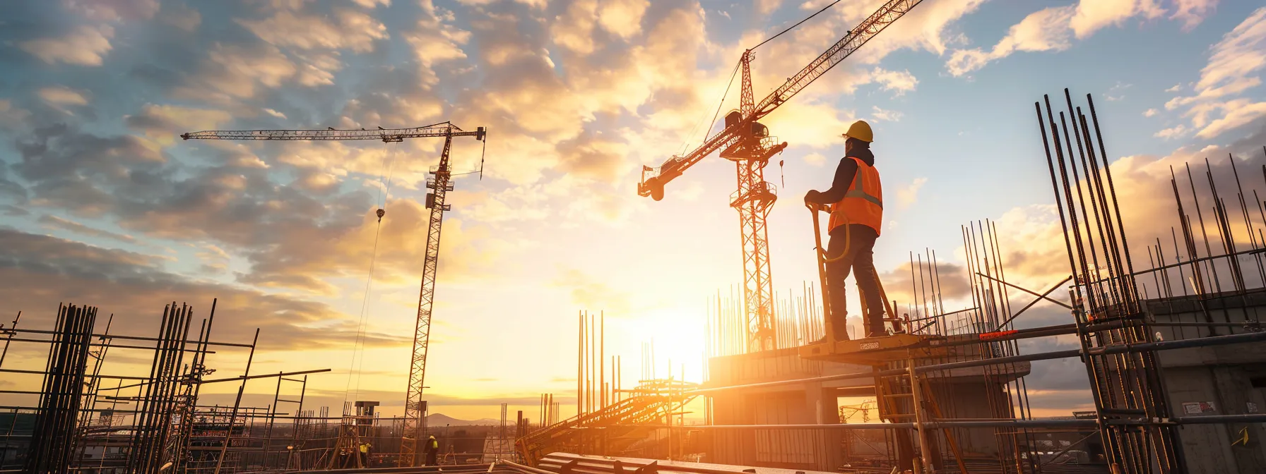 a construction worker effortlessly reaching new heights with a hydraulic man lift attachment, showcasing increased productivity and efficiency on a bustling job site.