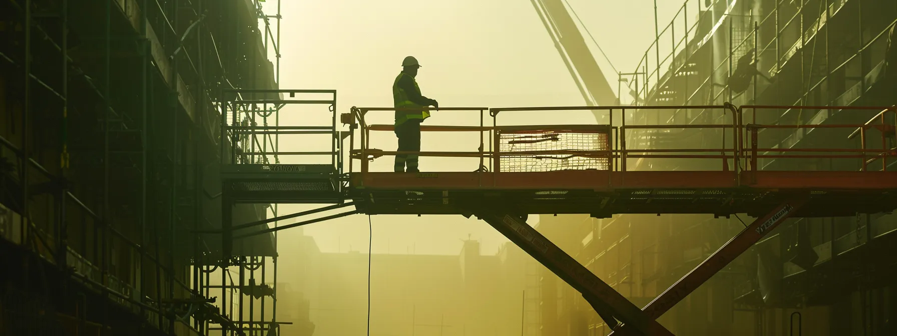 a construction worker stands on a man lift extension platform high above a building site, reaching inaccessible areas with ease.