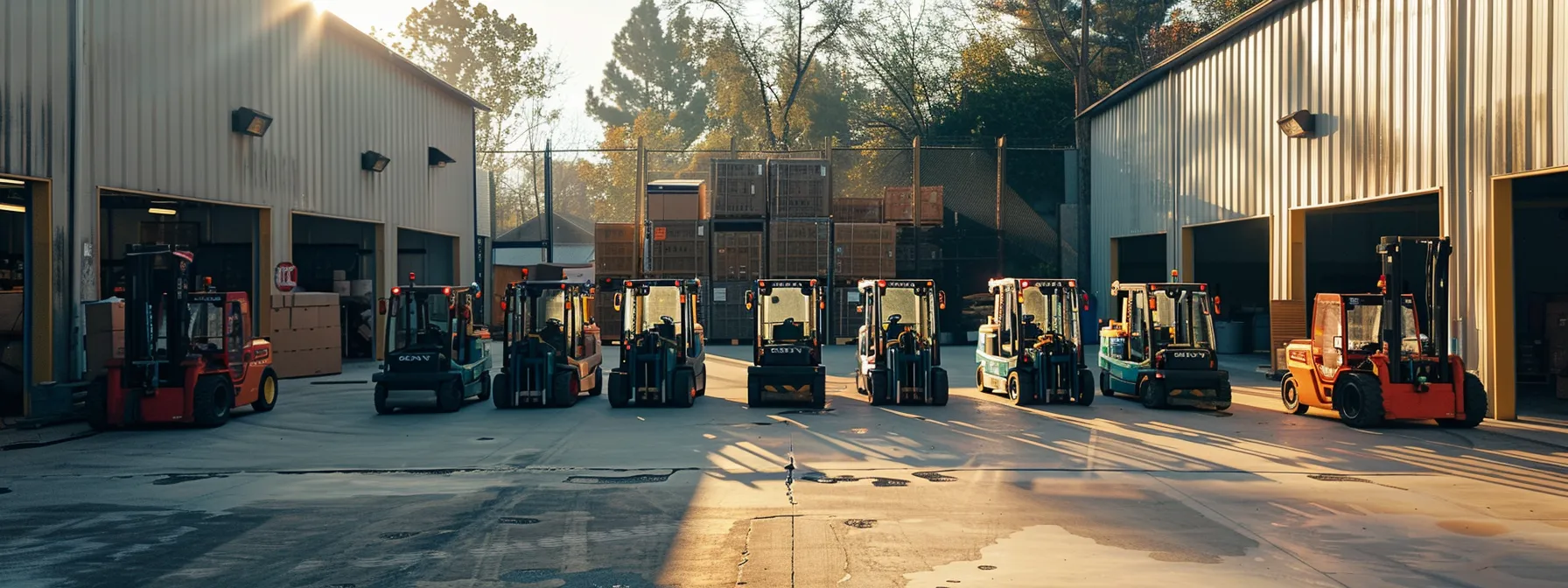 a group of man lifts lined up in a spacious outdoor yard, with one being self-picked up, one being delivered by the rental company, and one being transported by a third-party service, showcasing the diverse cost options available for customers to choose from.