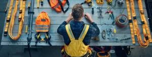 a man inspecting a sturdy, bright yellow safety harness, with various safety accessories laid out neatly on a workbench.