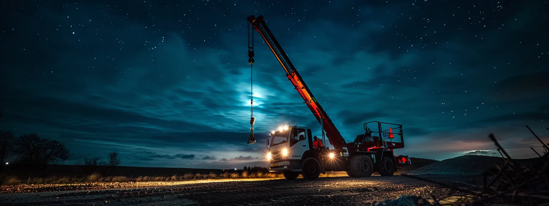 Exploring After-Hours Delivery Options for Man Lift Rentals 1 a man lift being delivered under the moonlit sky, ready for nighttime project work.
