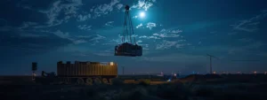 a man lift being delivered under the glowing moonlight to a construction site.